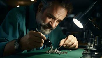 en hantverkare arbetssätt på en handgjort bit av Smycken ai genererad foto