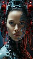 en kvinna med en trogen robot ansikte och vibrerande röd lampor belysande henne huvud ai genererad foto