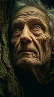 ett äldre man dölja Bakom en träd, med en nyfiken uttryck på hans ansikte ai genererad foto