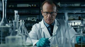 en man i en labb täcka innehav en rör ai genererad foto