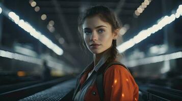 en kvinna stående i en tunnelbana station ai genererad foto
