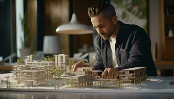 en man observera en detaljerad modell av en stad ai genererad foto