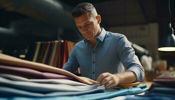 en man granskning en textil- bit i en blå skjorta ai genererad foto
