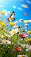 en fjäril graciöst fladdrande ovan en vibrerande fält av färgrik blommor ai genererad foto