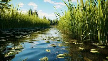 en lugn landskap med en flod, gräs, och vatten liljor ai genererad foto