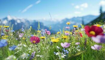 en färgrik fält av vild blommor med majestätisk bergen i de bakgrund ai genererad foto