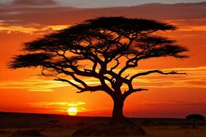 en enslig träd silhouetted mot en vibrerande solnedgång i en pittoresk fält ai genererad foto