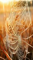 en blänkande Spindel webb i en fält täckt i morgon- dagg ai genererad foto