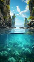ett under vattnet landskap med klippig formationer och strömmande vatten ai genererad foto