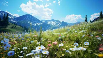 en färgrik fält av vild med majestätisk bergen i de bakgrund ai genererad foto