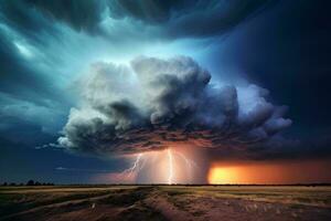 en dramatisk storm moln med en kraftfull blixt- bult belysande de himmel ai genererad foto