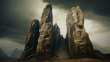 en majestätisk sten bildning stående lång i de omfattande öken- landskap ai genererad foto