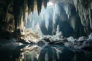 en fantastisk is grotta med kristallklart vatten strömmande genom den ai genererad foto