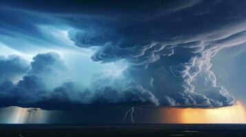 en kraftfull storm med blixt- belysande en mörk moln ai genererad foto