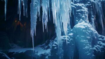 istappar hängande från de tak av en fantastisk is grotta ai genererad foto