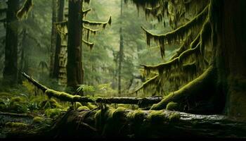 en frodig och vibrerande moss-täckt skog med en tät tak av träd ai genererad foto