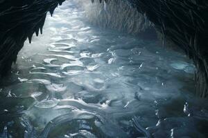 en fascinerande frysta grotta med skimrande is formationer och kristall klar vatten ai genererad foto
