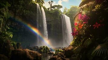 en skön vattenfall med en vibrerande regnbåge lysande genom den ai genererad foto