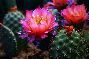 en vibrerande kaktus Utsmyckad med delikat rosa blommor ai genererad foto