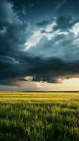 en pittoresk landskap med frodig grön gräs under en dramatisk molnig himmel ai genererad foto