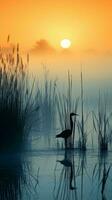 en fågel stående i de vatten på solnedgång ai genererad foto