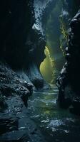 en lugn flod strömmande genom en fängslande grotta fylld med kristall klar vatten ai genererad foto