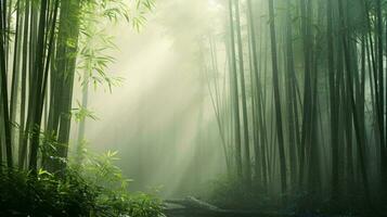 en frodig bambu skog med höga träd nå mot de himmel ai genererad foto