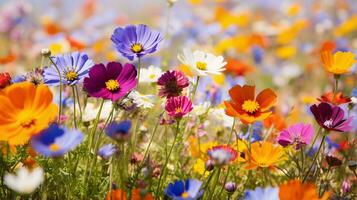 en vibrerande fält av blommor på en solig dag ai genererad foto