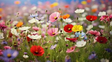 en vibrerande fält av blommor sola i de solljus ai genererad foto