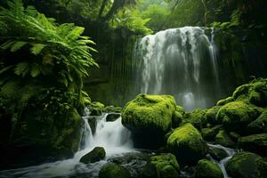 en lugn vattenfall inbäddat i en vibrerande grön skog ai genererad foto
