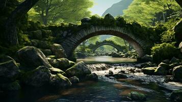 en pittoresk bro över en lugn flod ai genererad foto