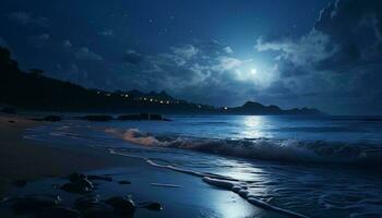 en lugn strand upplyst förbi en strålnings full måne ai genererad foto