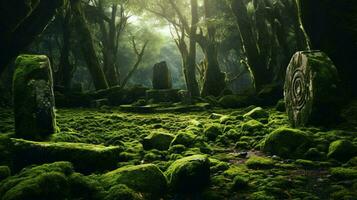 en fredlig skog scen med moss-täckt stenar och träd ai genererad foto