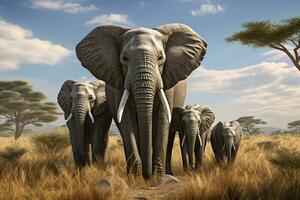 en majestätisk besättning av elefanter graciöst korsning en gyllene gräs fält ai genererad foto