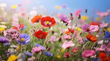 en fält av färgrik blommor ai genererad foto
