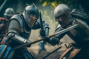 episk slagfält arméer av medeltida riddare stridande med svärd. neuralt nätverk ai genererad foto