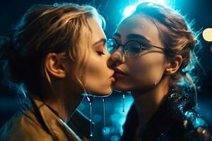 romantisk ung vuxen lesbisk kvinna par kyss neuralt nätverk ai genererad foto