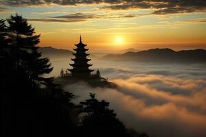 kinesisk bergen i de dimma soluppgång. neuralt nätverk ai genererad foto