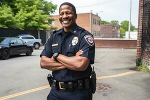 Lycklig och leende afrikansk amerikan polis officer. neuralt nätverk ai genererad foto