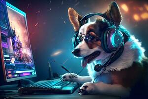 hund som video spel leva ström gamer använda sig av pc dator för underhållning. neuralt nätverk genererad konst foto