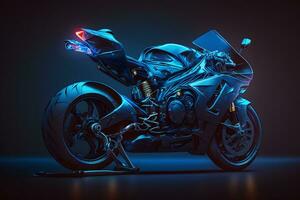 trogen beställnings- vinklad ljus motorcykel begrepp med lysande blå toner. neuralt nätverk genererad konst foto