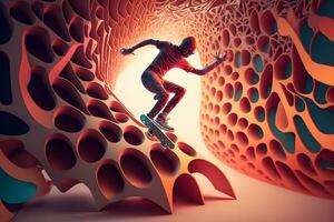 abstrakt extrem sporter älskare utför hoppa in i oändlighet med fiktiv skateboard eller snowboard. neuralt nätverk genererad konst foto