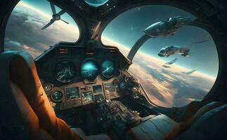 flygplan cockpit se under intergalax resa flyg eller rymdskepp slåss. neuralt nätverk genererad konst foto