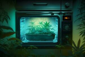 växande marijuana cannabis leafs i öppen kök ugn. neuralt nätverk ai genererad foto