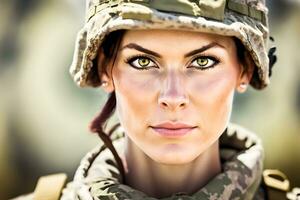 Söt kvinna soldat porträtt. neuralt nätverk ai genererad foto