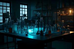 medicin och biologisk eller kemisk forskning, fortfarande liv, neon belysning. neuralt nätverk ai genererad foto