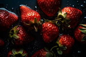 massor av jordgubbar på en mörk bakgrund. neuralt nätverk ai genererad foto