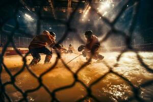 is hockey målvakt spelare på mål i handling. neuralt nätverk ai genererad foto