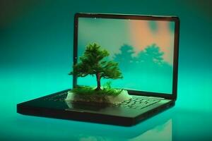 en träd växer från en bärbar dator. grön information teknologi. neuralt nätverk ai genererad foto