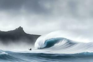 surfare på blå hav Vinka få barreled på soluppgång. neuralt nätverk ai genererad foto